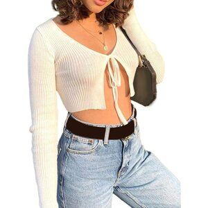 Women's Lace-white Shirt Long Sleeve Lace Up Knitted Front Tie Up Crop Top
